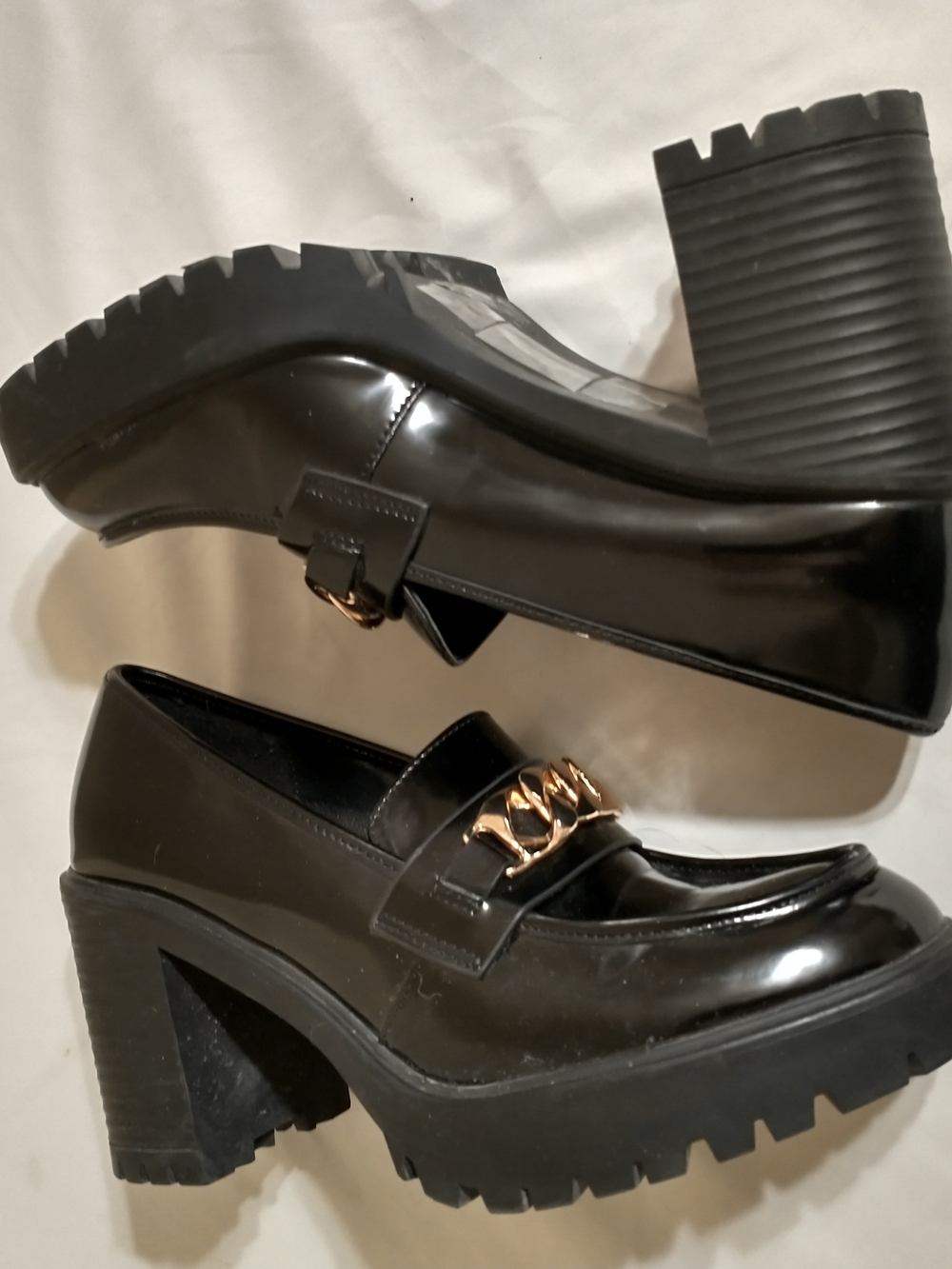 Black Patent Platform Loafers with Gold Chain Accent